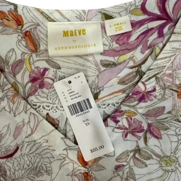 NWT ANTHROPOLOGIE Maeve Cream Floral Print Balloon Sleeve Tie Blouse. Size XS - Picture 7 of 14